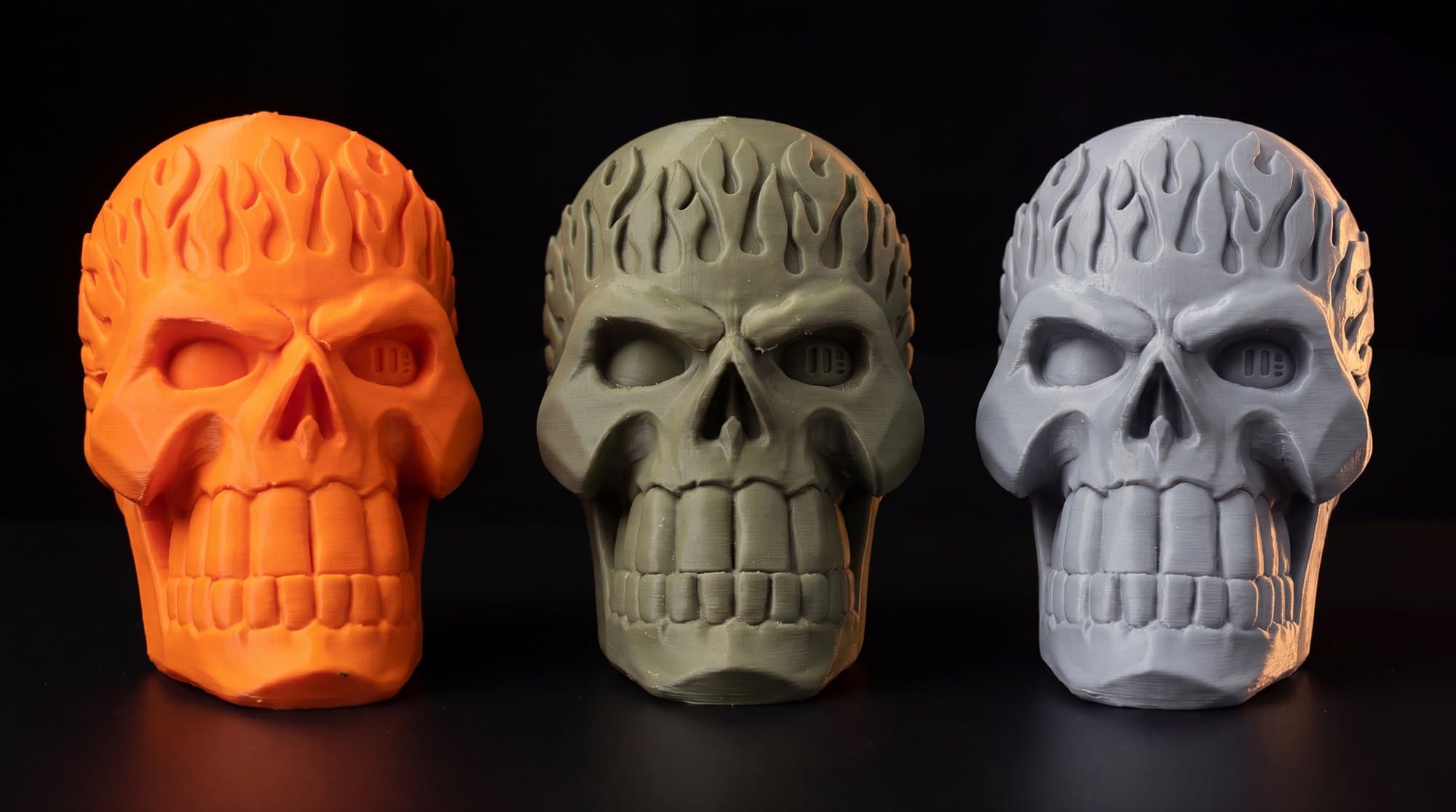 Three SKELMET colourways fresh off the print bed