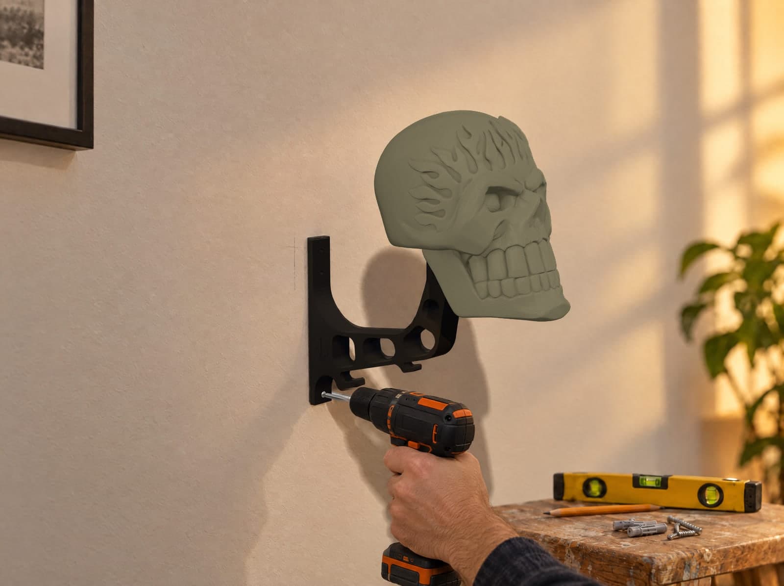 A hand driving a screw into the hole at the foot of a Militia Olive mount's wall plate with a cordless drill