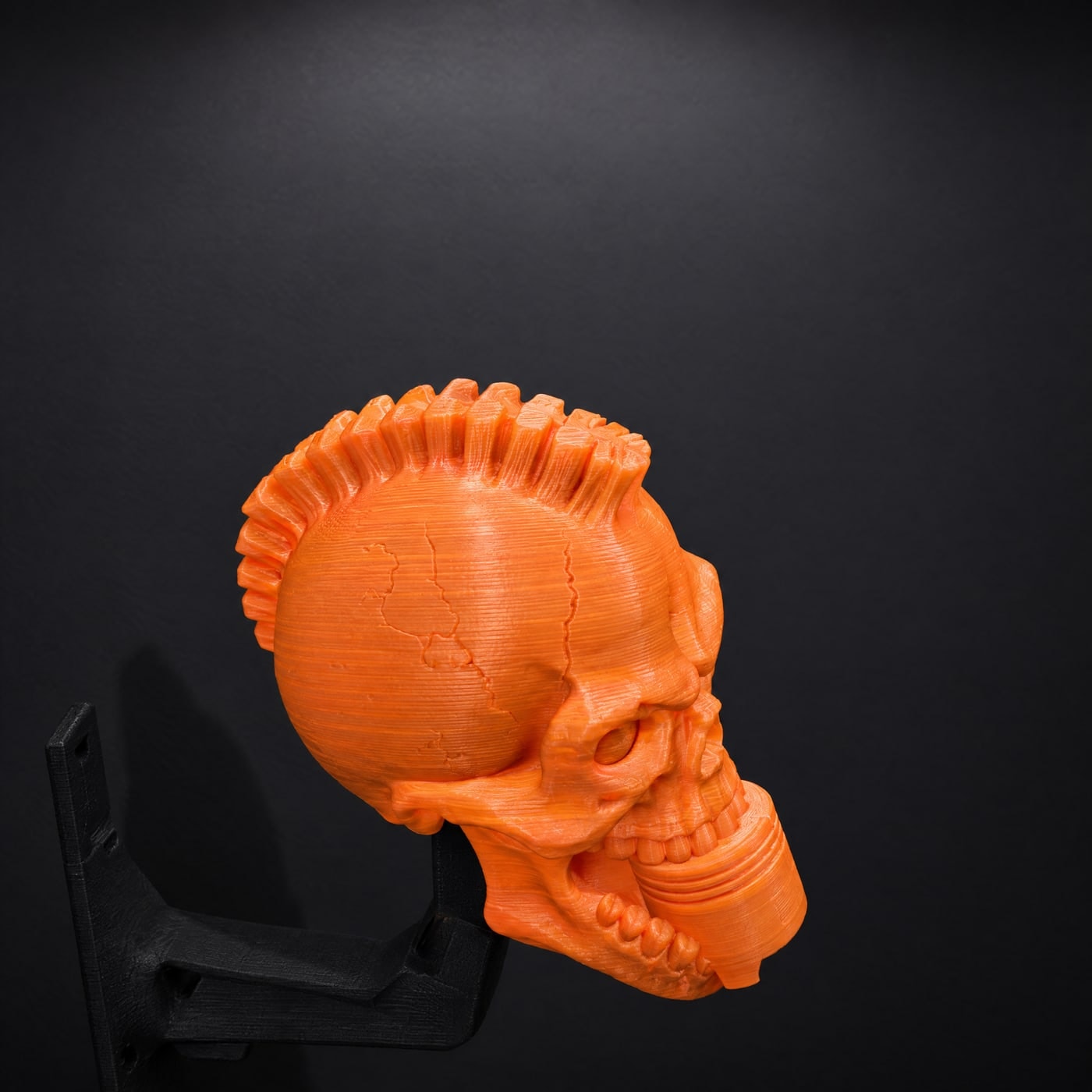 The piston skull on its black arm, from above, the mohawk running back over its head